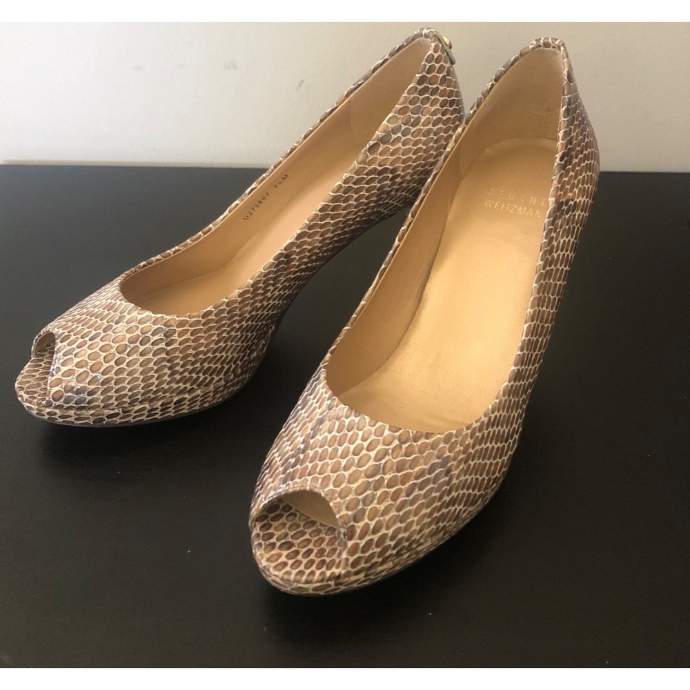 Stuart Weitzman Snakeskin Print Peep Toe Heels Pumps Women's Size 7.5M